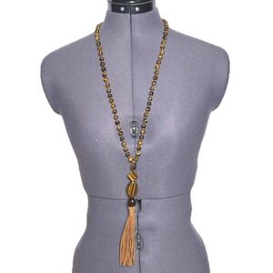 Chicos Fringe Tassel Necklace Boho Tigers Eye‎ Brown 30in L 8in Dangle OS